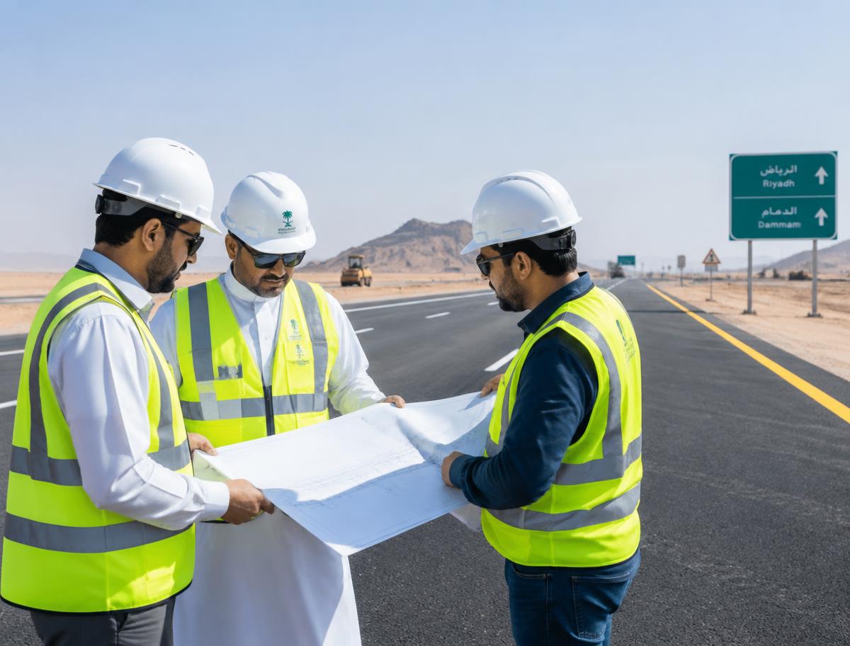 Engineers reviewing plans at a road development site