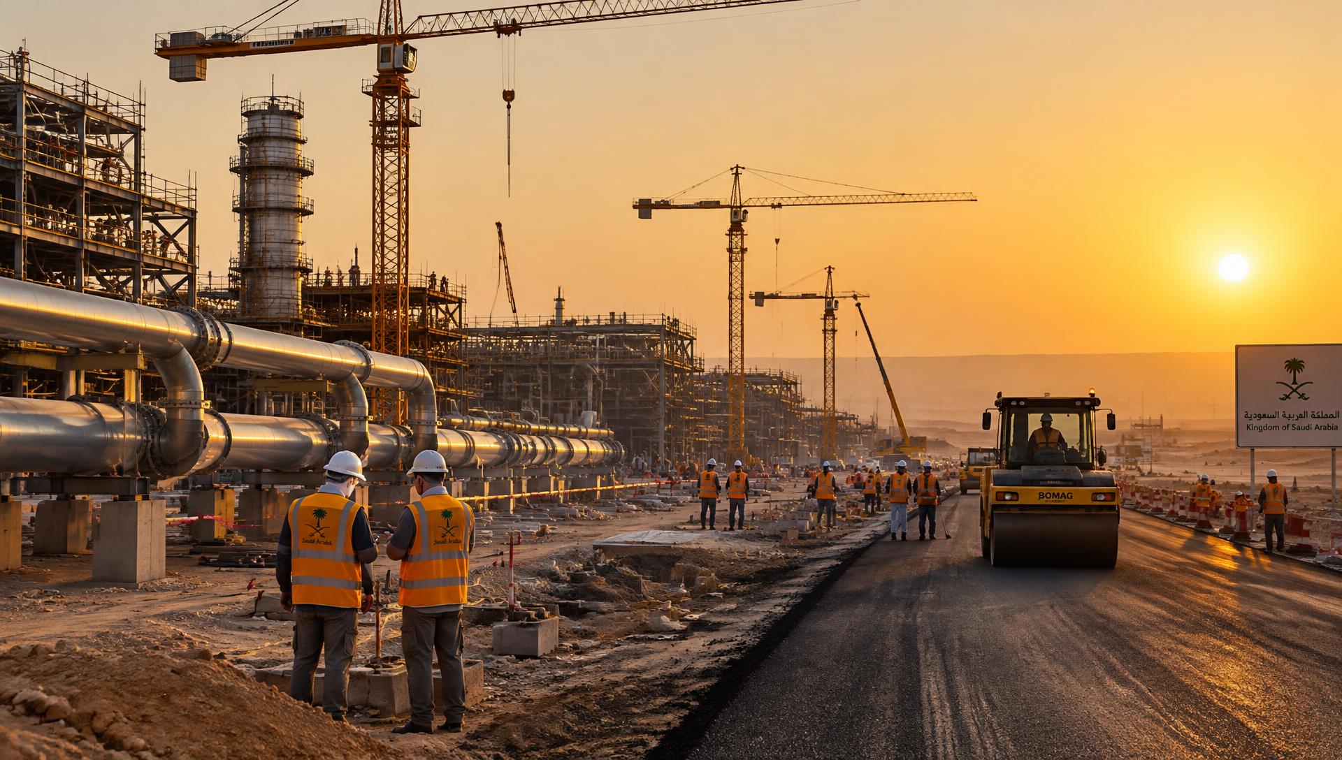 Industrial construction site in Saudi Arabia at golden hour